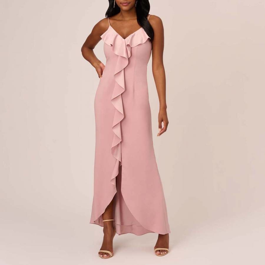 Pink Satin Crepe Ruffle Front Dress