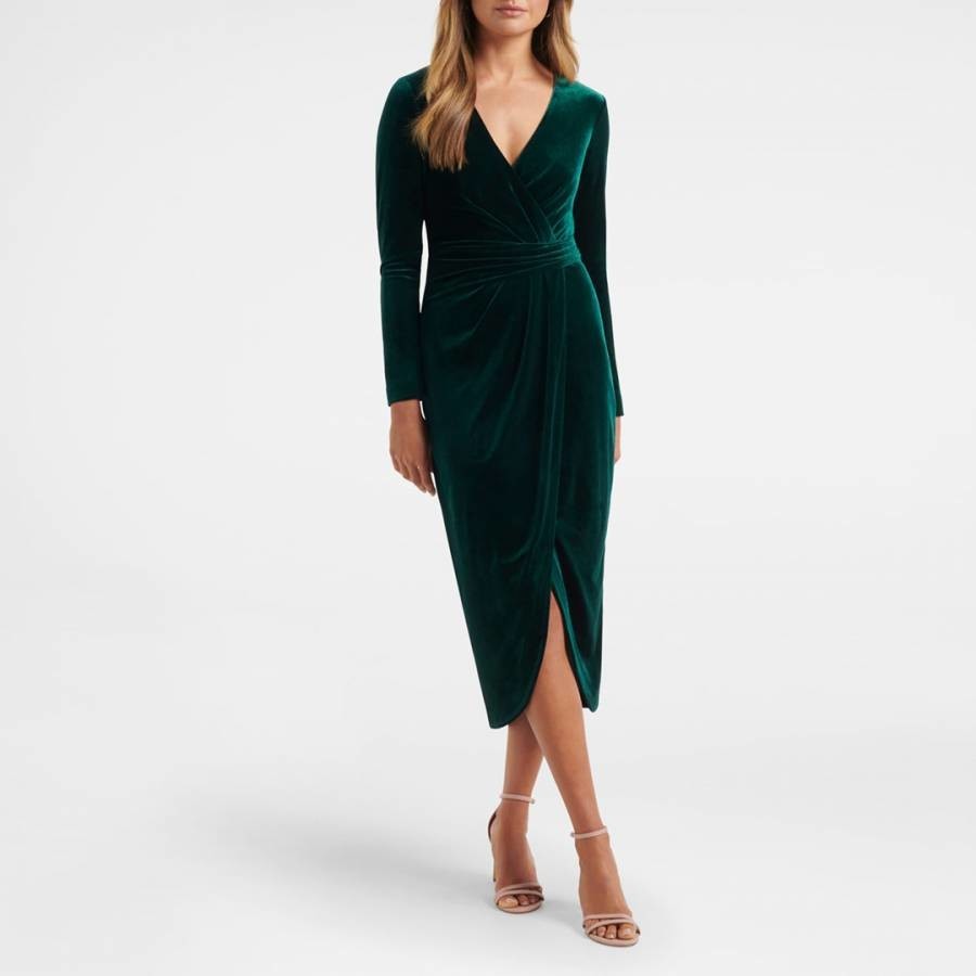 Dark Green Antionette Wrap Velvet Midi Dress