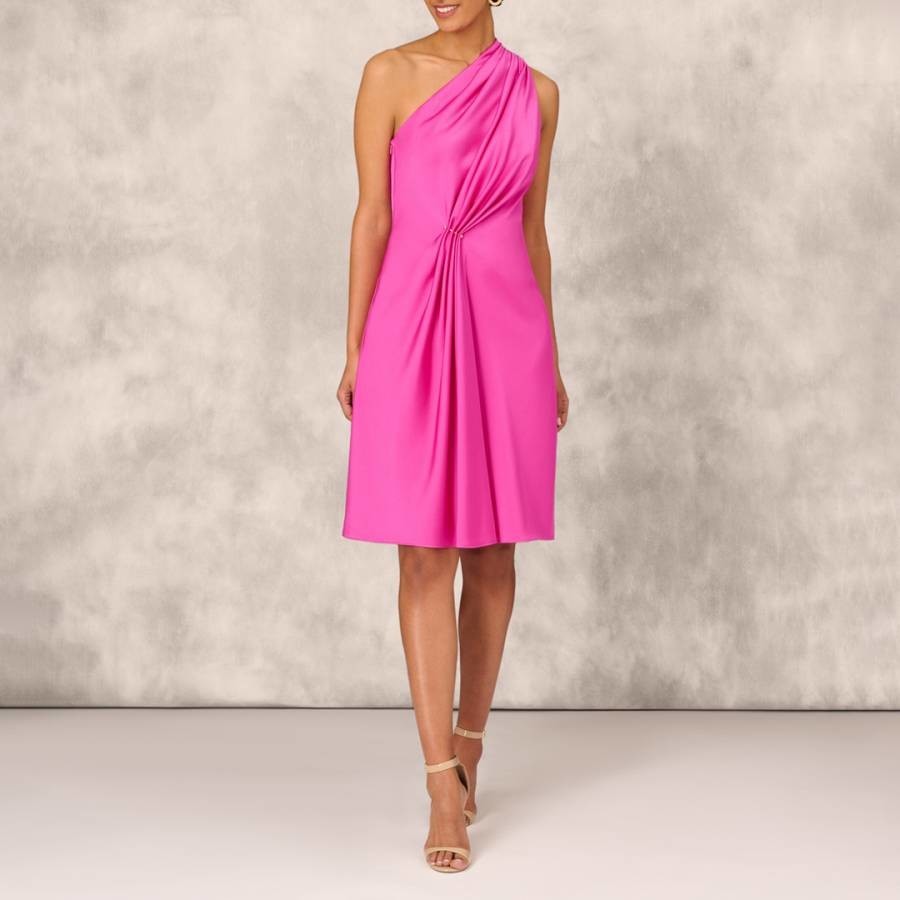 Pink One Shoulder Pleated Midi Dress