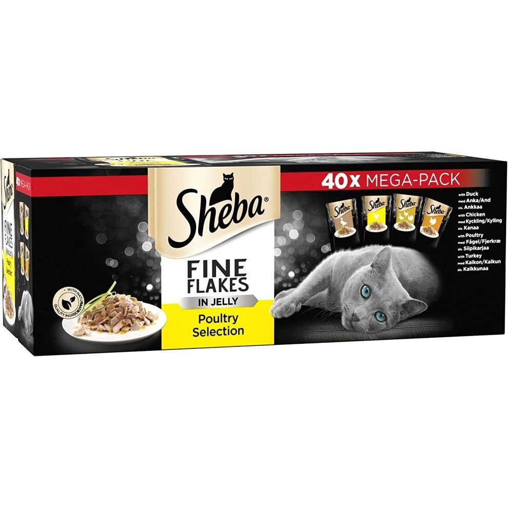 Sheba Fine Flakes Poultry Collection in Jelly 40 Pouches, Adult Wet Cat Food, Megapack (40 x 85 g)