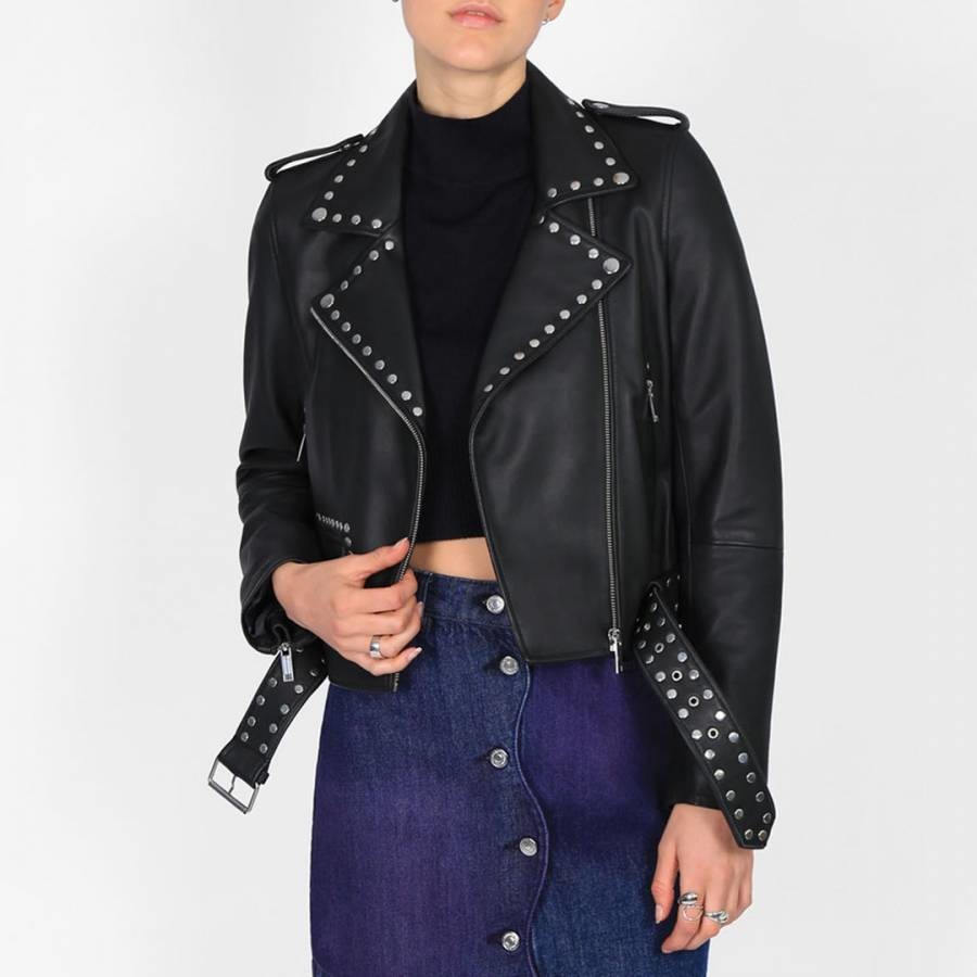 Black Studded Belted Leather Biker Jacket