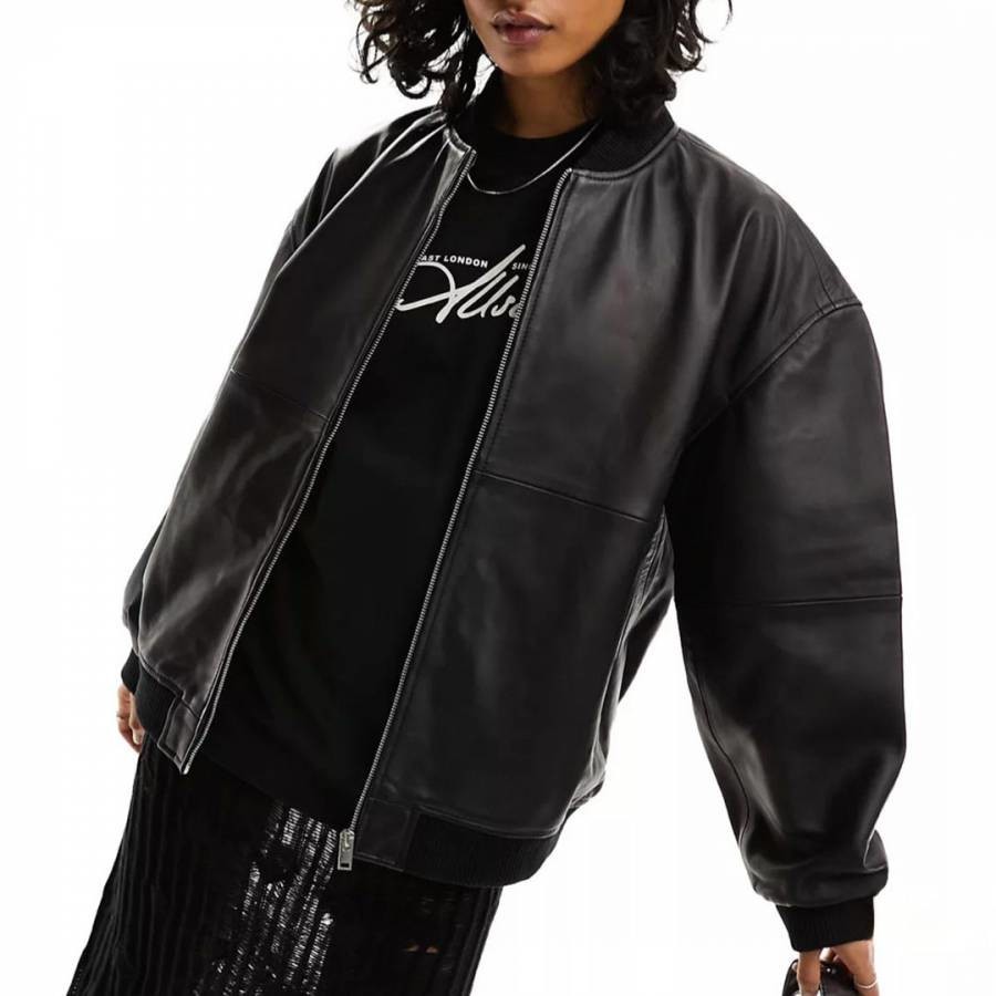 Black Oversized Leather Bomber Jacket