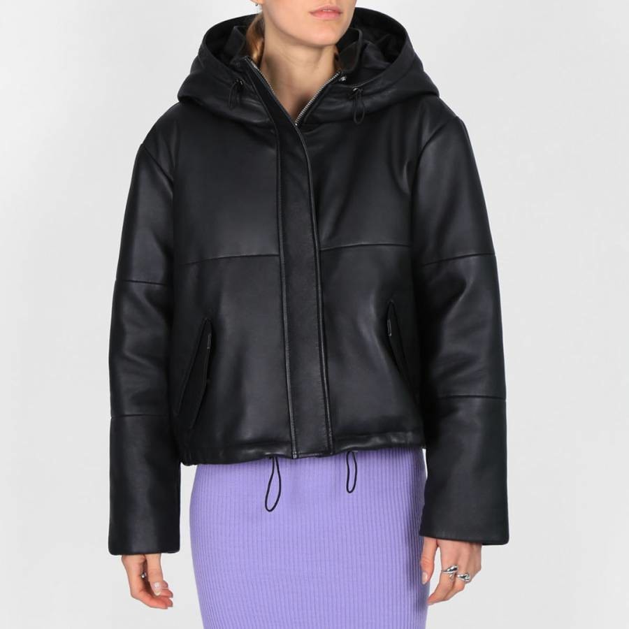 Black Cropped Leather Puffer Jacket