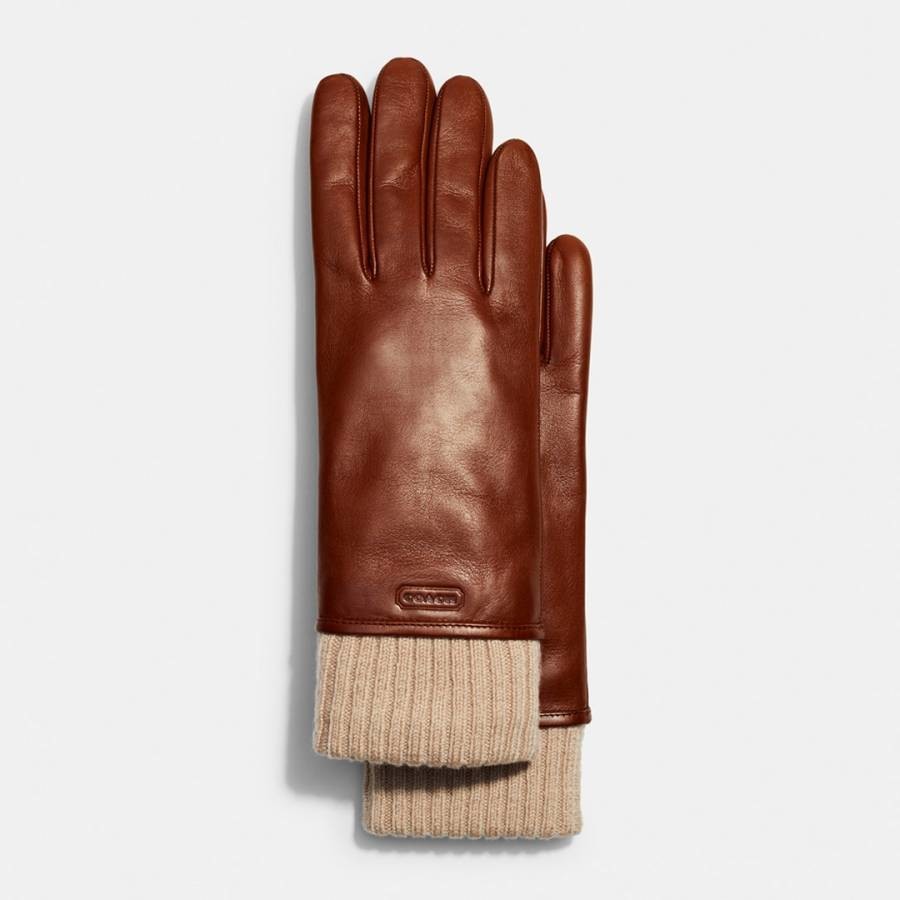 Beige Leather Knit Cuff Mixed Gloves