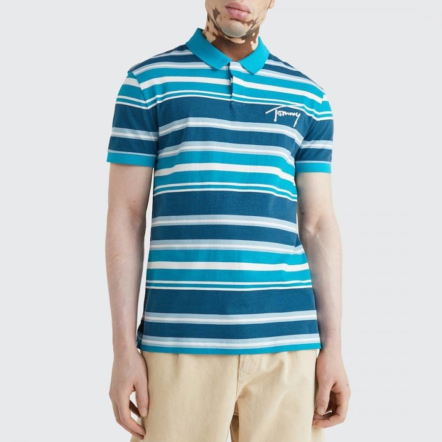 Blue Signature Stripe Cotton Polo Shirt