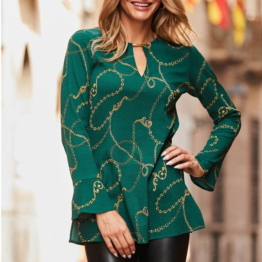 Green & Gold Check Print Chain Lace Up Blouse