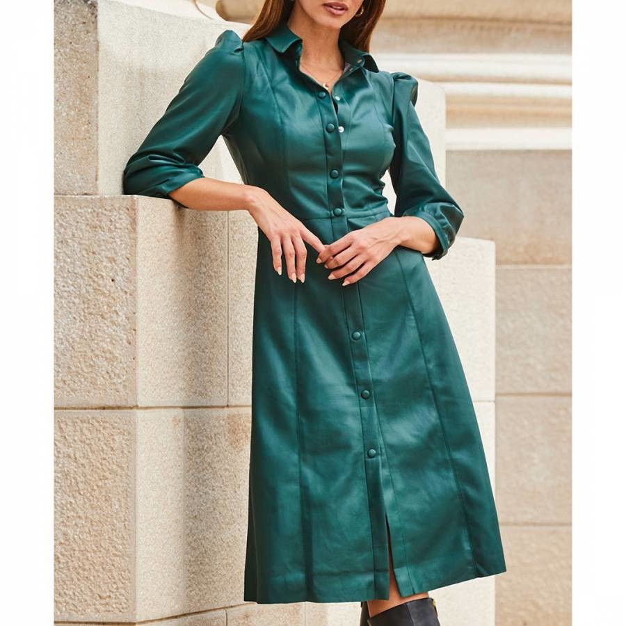 Green Faux Leather Popper Front Shirt Dress