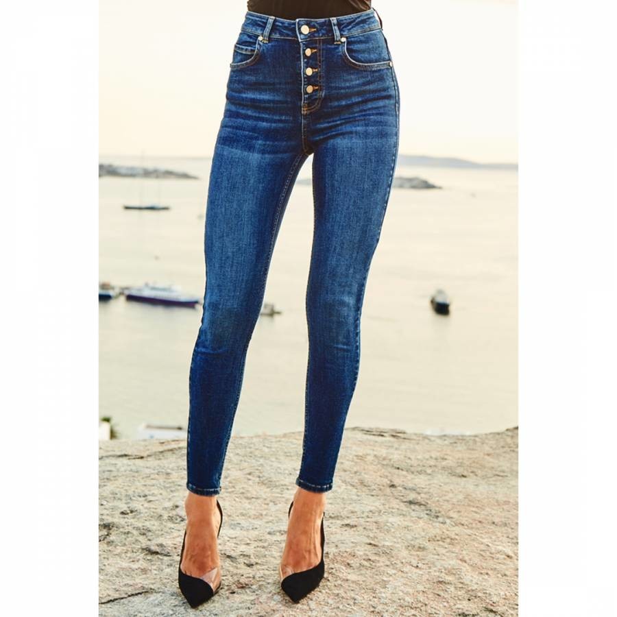 Indigo Blue Button Front Skinny Jeans