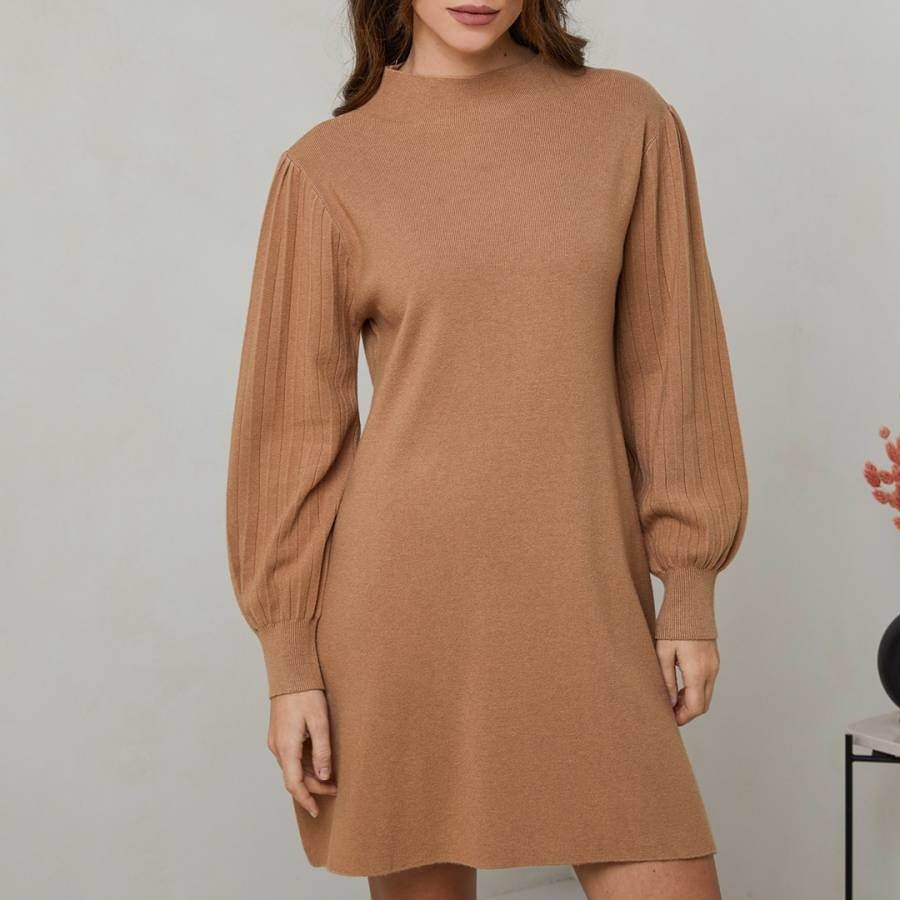 Brown KnittedCashmere Blend Flare Dress