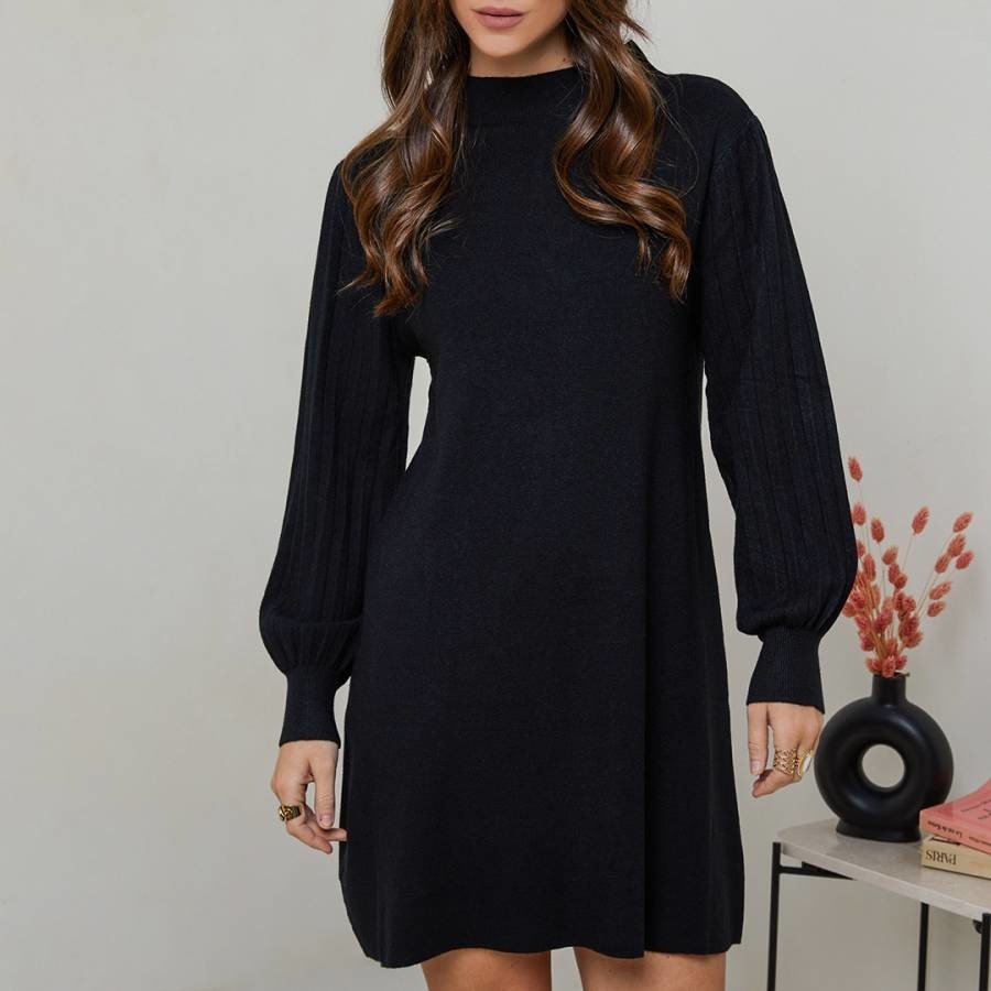 Black Knitted Cashmere Blend Flare Dress