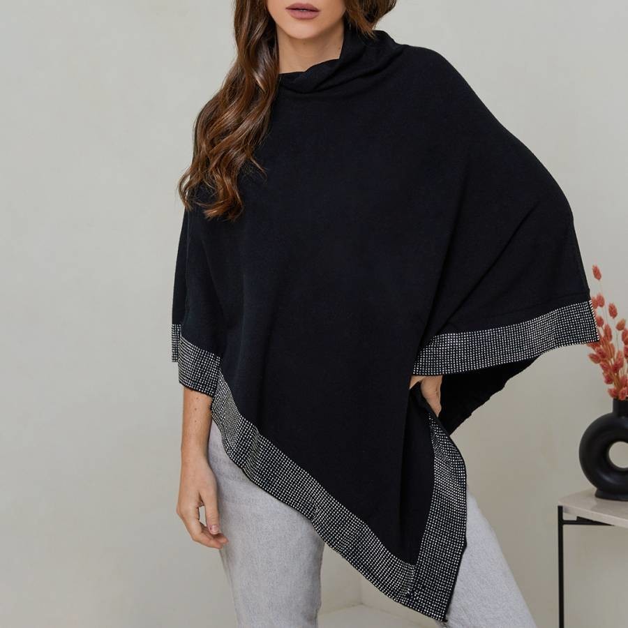 Black Cashmere Blend  Poncho with Silver Trim