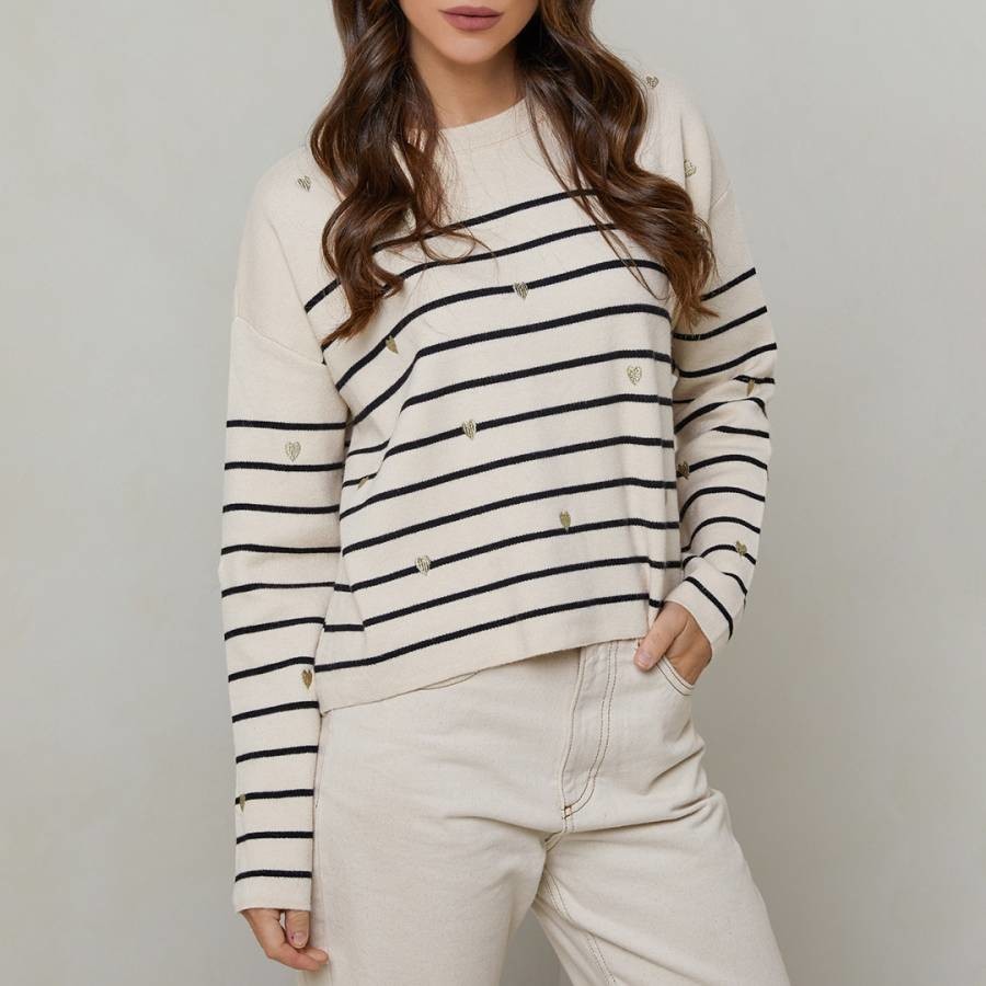 Cream Striped Cashmere Blend Sweater with Heart Details