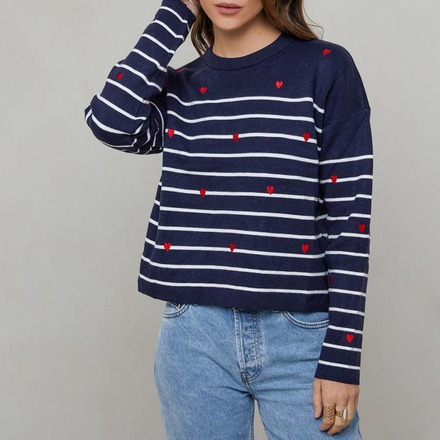 Blue Striped Cashmere Blend Sweater with Heart Details