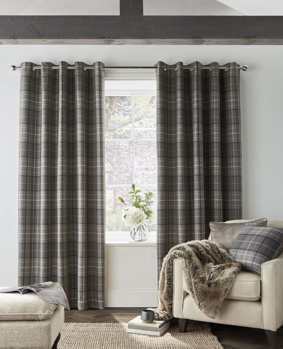 Alfriston Check 162x137cm Black Out Eyelet Curtains Pale Charcoal
