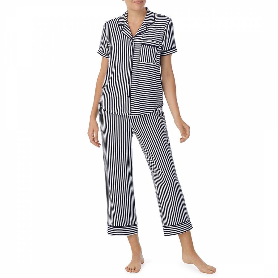 Dark Blue &  Stripe Print Crop Pajamas