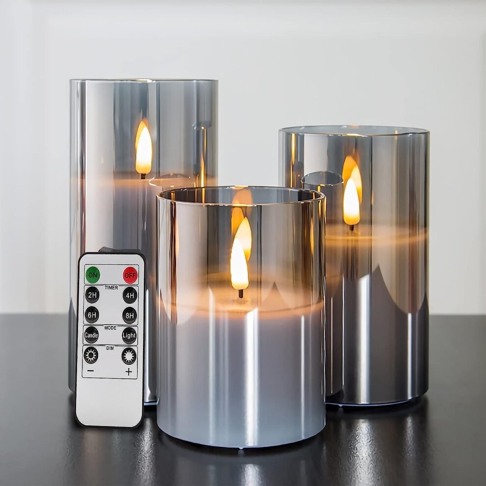 Silver Gray Glass Flameless Flickering Candle Light with Remote Control