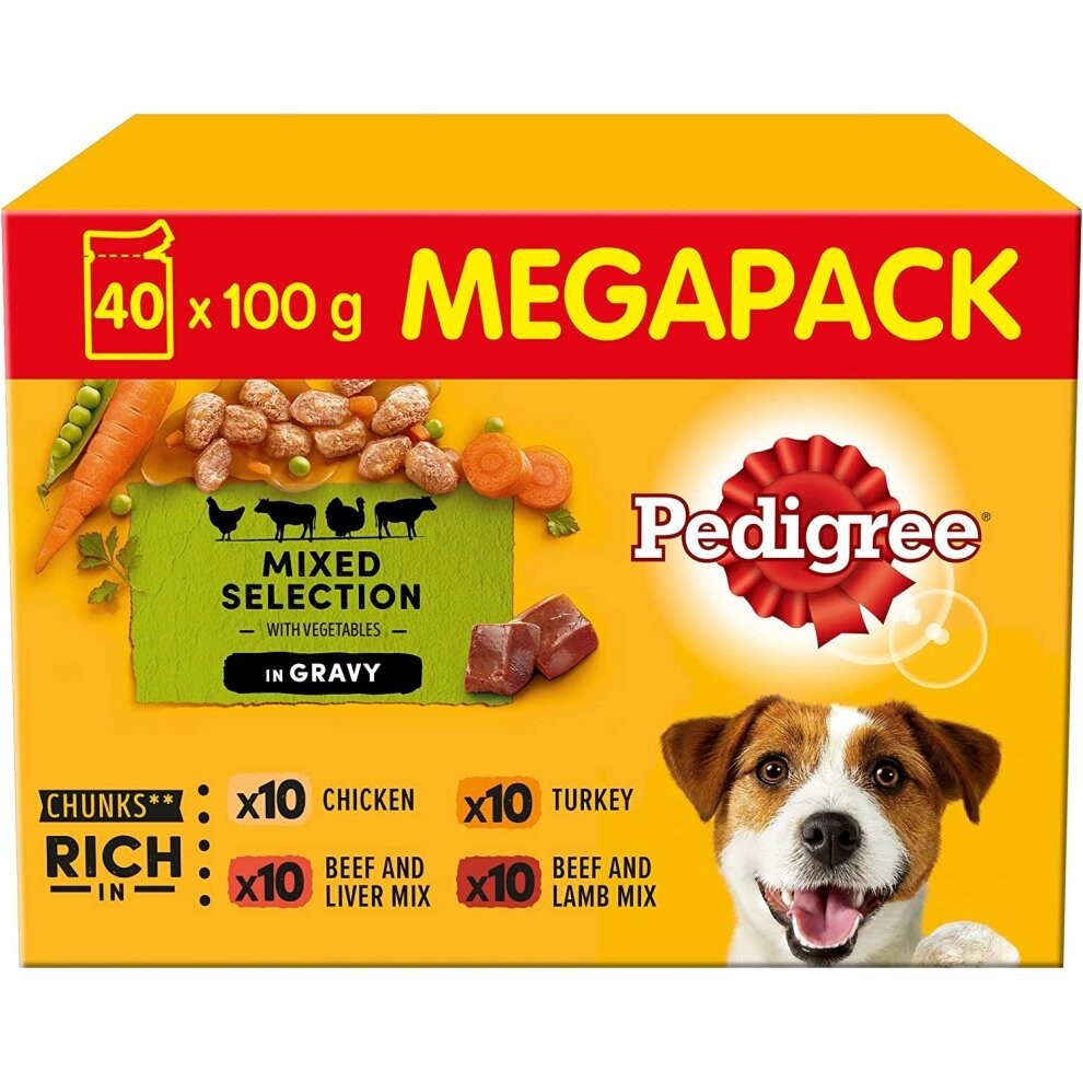 Pedigree Mixed Selection in Gravy 40 Pouches, Adult Wet Dog Food, Megapack (40 x 100 g)