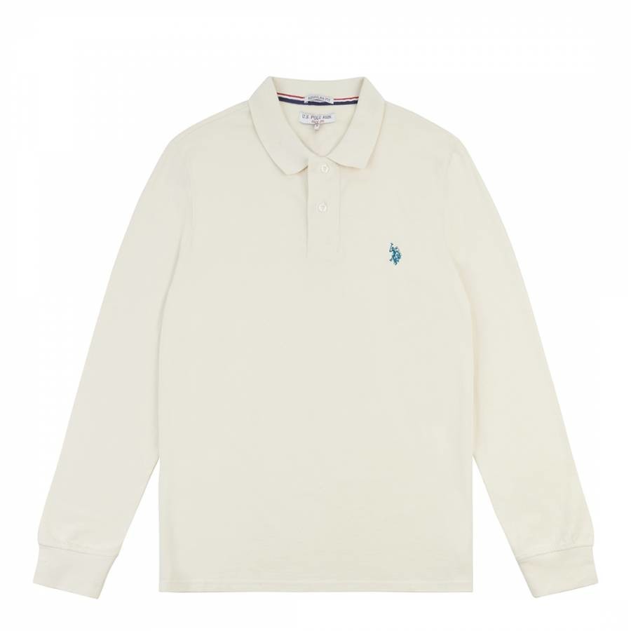 Cream Long Sleeve Pique Cotton Polo Shirt