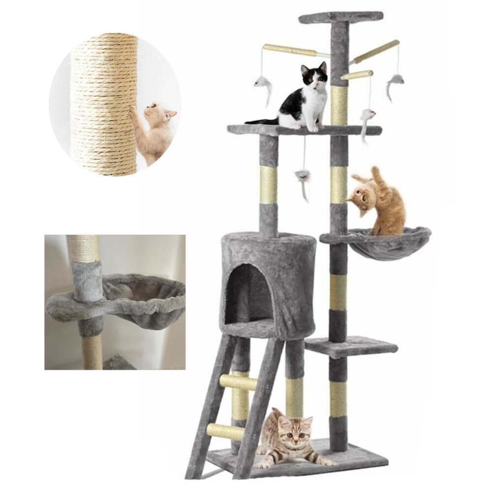 Multi Level Cat Tree Tower Activity Centre Cats Climbing Tower Cat Condo Furniture with Sisal Scratching Post Grey with Paw Design 140cm Height