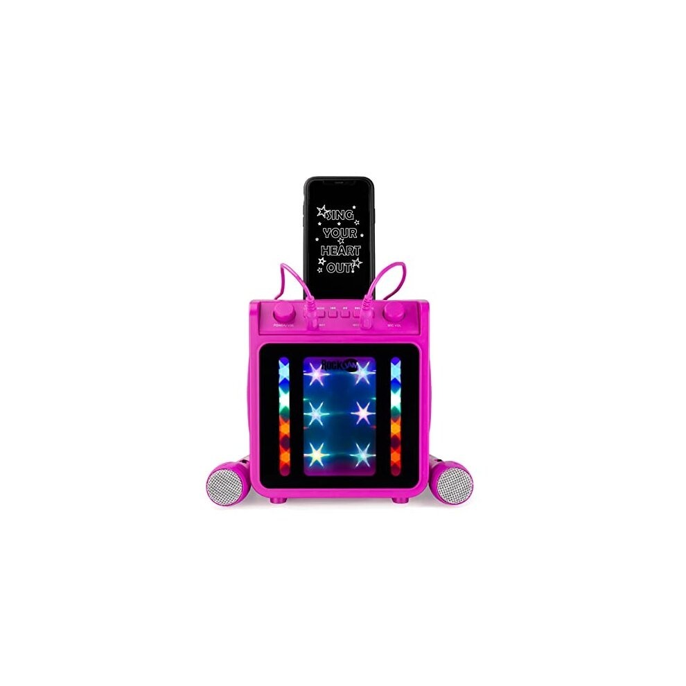 10-Watt Rechargeable Bluetooth Karaoke Machine with Two Microphones, Voice Changing Effects and LED Lights, Pink