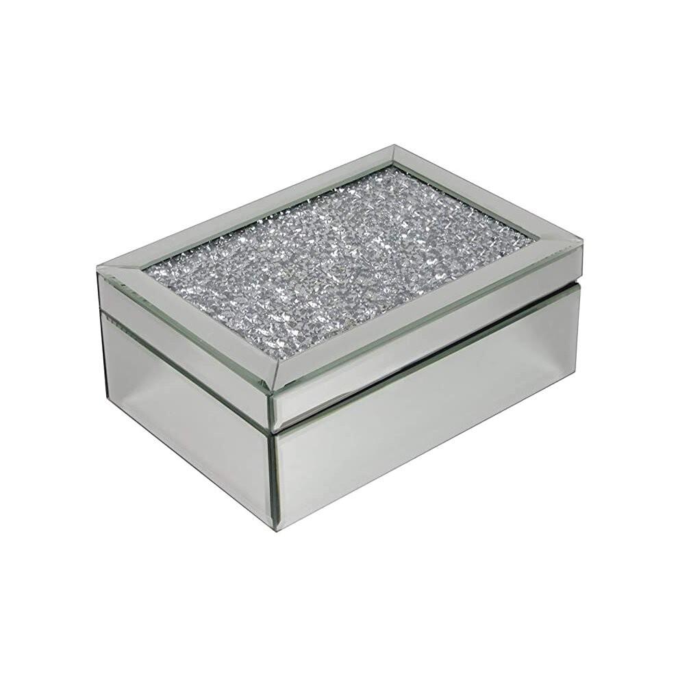 Silver Crushed Diamante Mirrored Jewellery Box with Black Velvet Inner