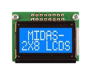 Midas Displays Mc20805B6W-Bnmlw3.3-V2 Lcd Display, Cob, 8 X 2, Blue Stn, 3.3V