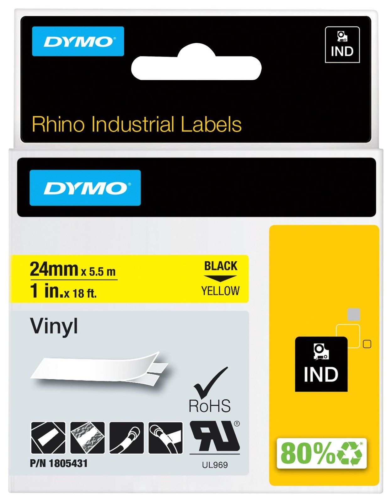 Dymo 1805431 Rhino 24 mm Vinyl Black On Yellow
