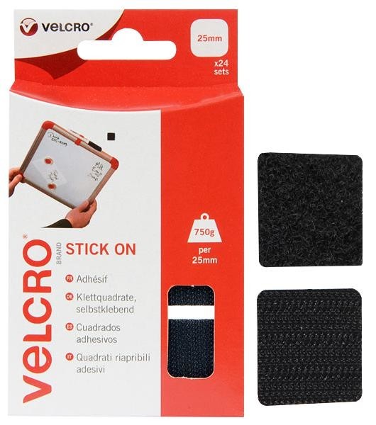Velcro 60236 Stick On Squares 25mm Black (Pk=24)