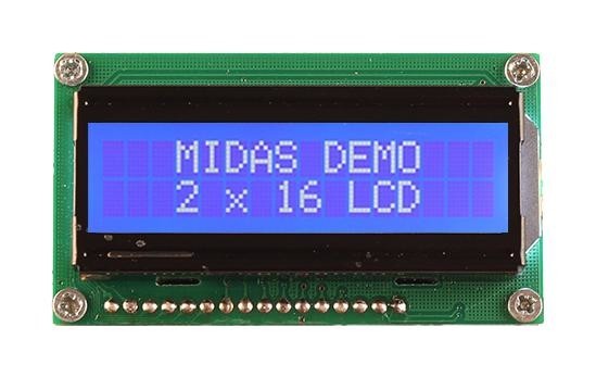 Midas Displays Mc21605H6W-Bnmlw3.3-V2 Lcd Display, Cob, 16 X 2, Blue Stn, 3.3V