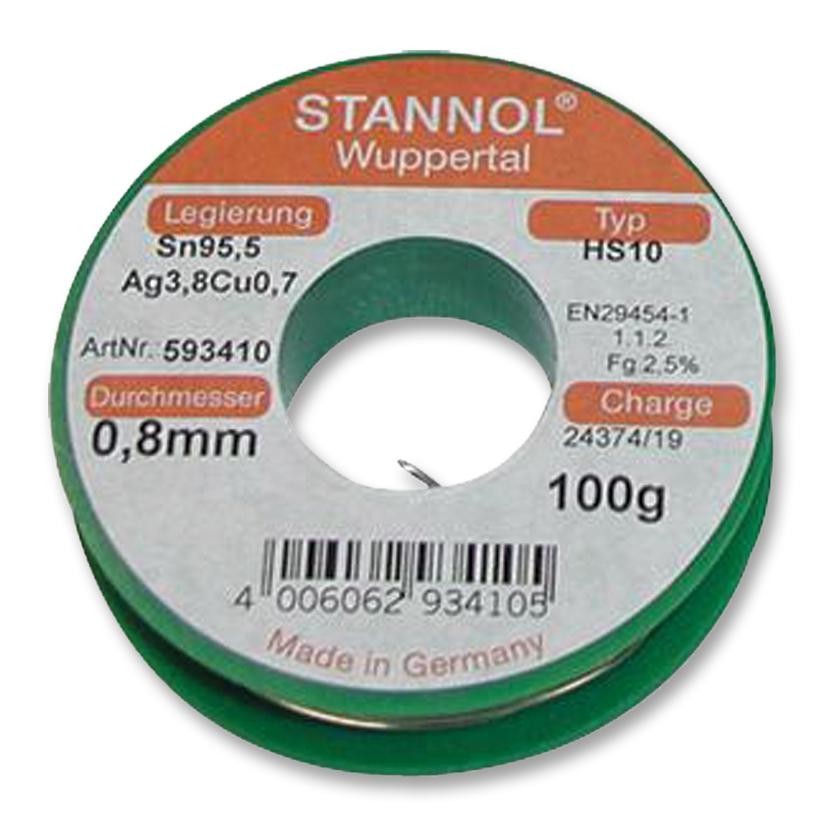 Stannol 593410 Solder Wire, Lead Free, 0.8mm, 100G