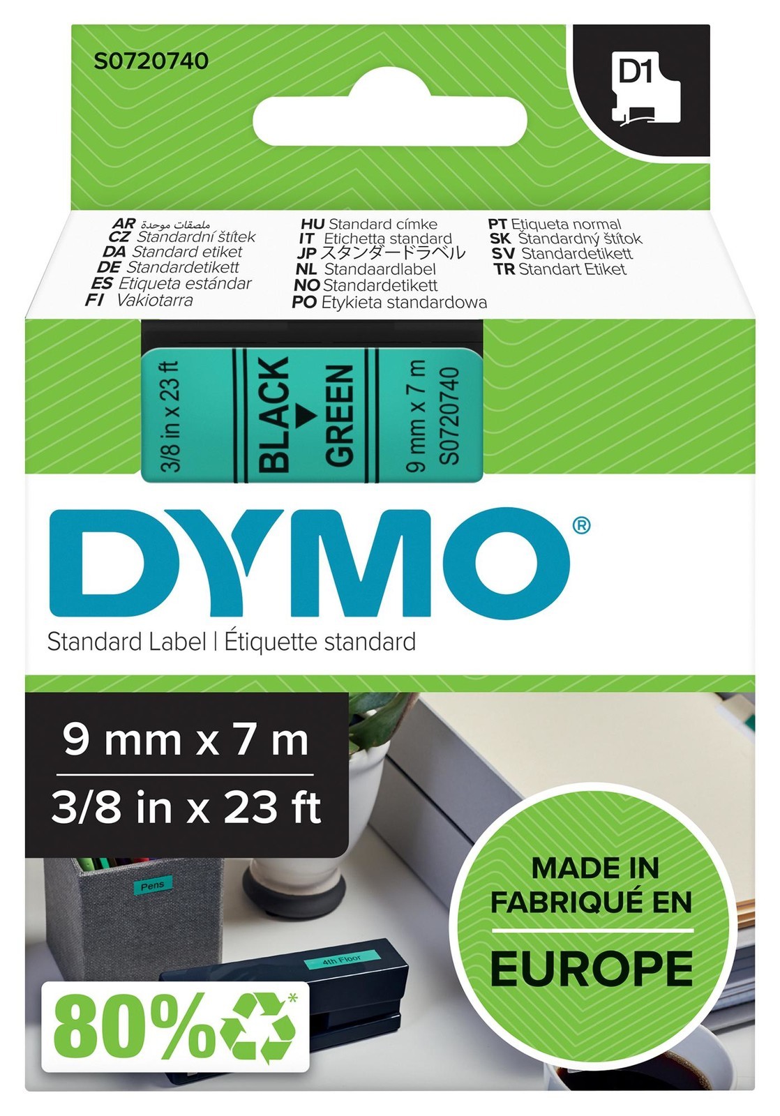 Dymo 40919 Tape, Black/green, 9mm