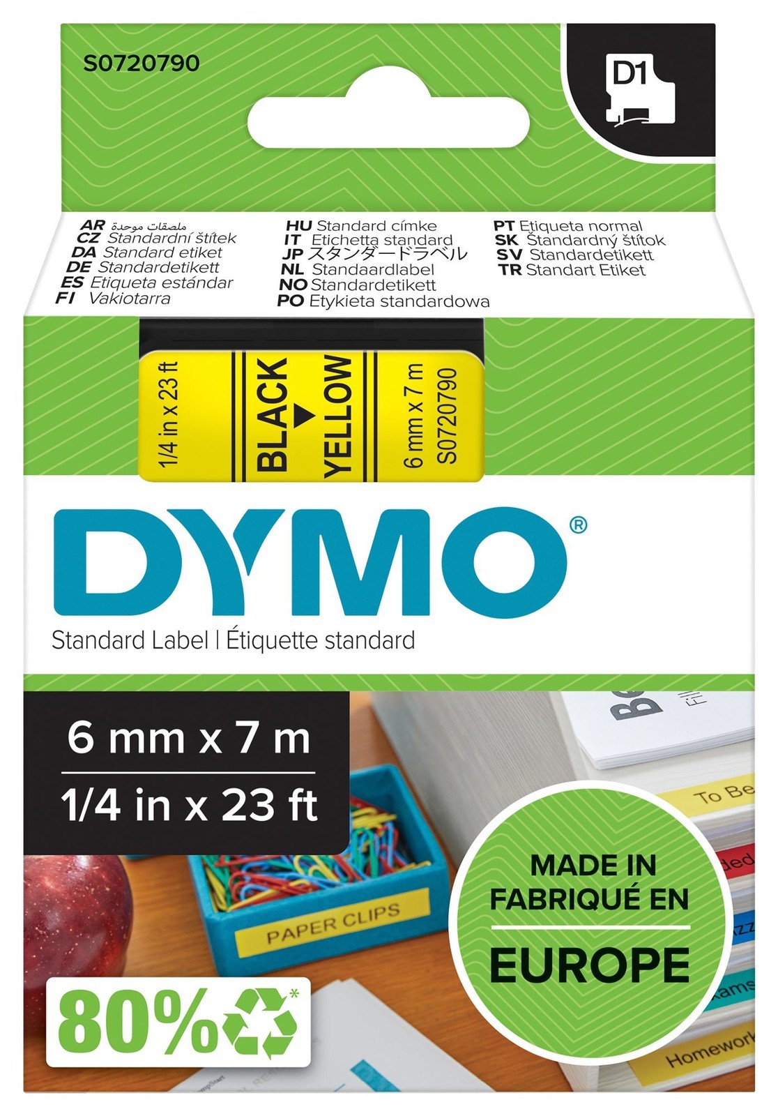 Dymo 43618 Tape, Black/yellow, 6mm