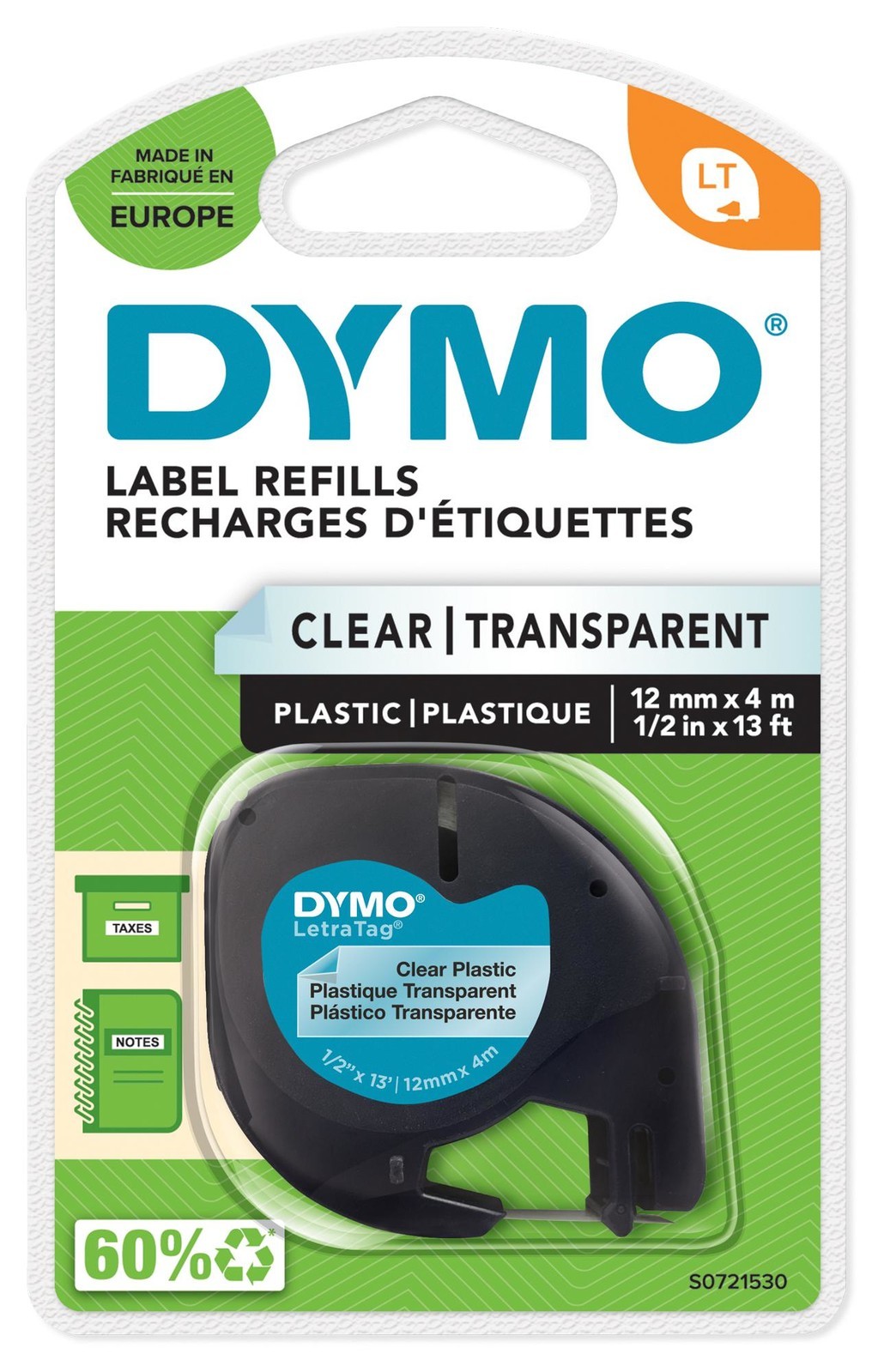 Dymo S0721530 Label, Tape, Plastic, Clear, 12mm x 4M