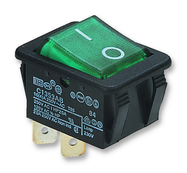 Arcolectric (Bulgin) C1353Abnab Switch, Dpst, 16A, 250V, Illum Green