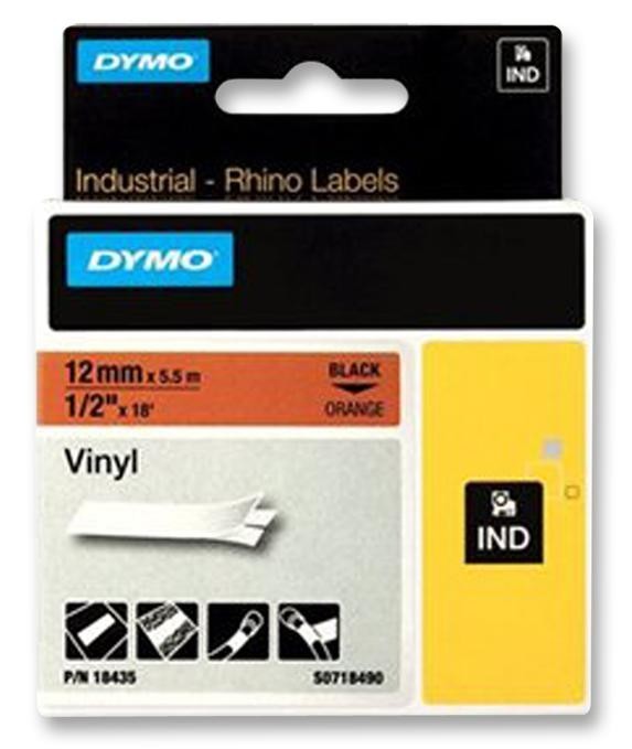Dymo 18435 Tape, Perm, Vinyl, 12mm x 5.5M, Orange
