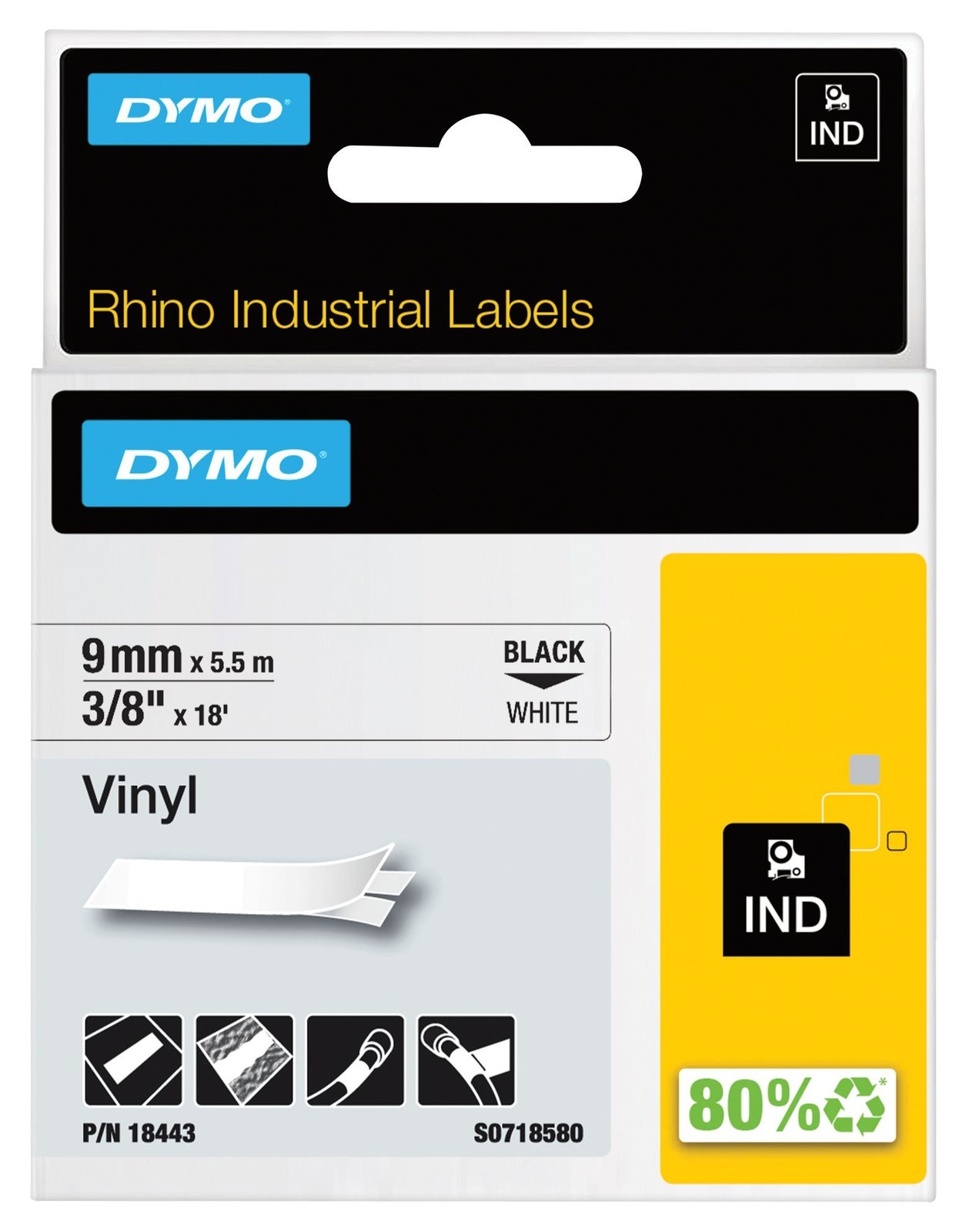 Dymo 18443 Tape, Perm, Vinyl, 9mm x 5.5M, White