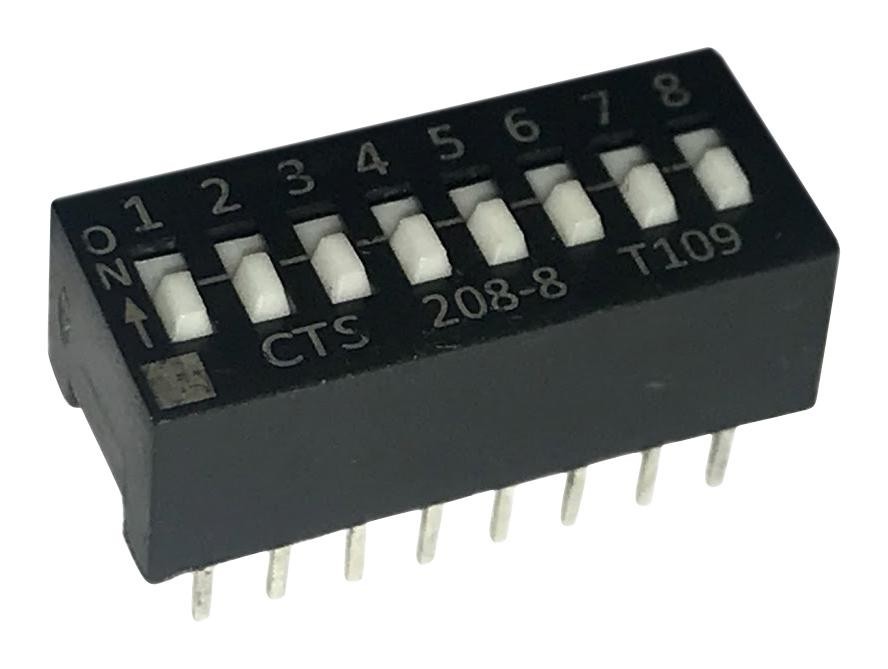Cts 208-8 Dip Switch, 0.1A, 50Vdc, 8Pos, Tht