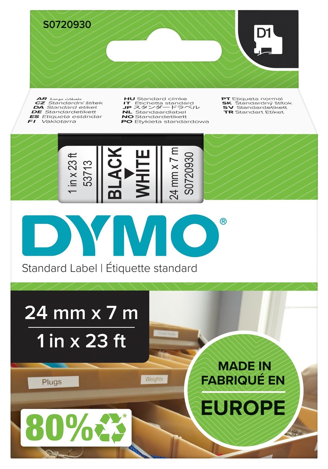 Dymo 53713 Tape, 24mm, Black/white