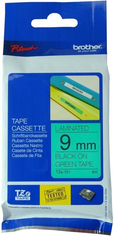 Brother Tze-721 Tape, Black On Green, 9mm