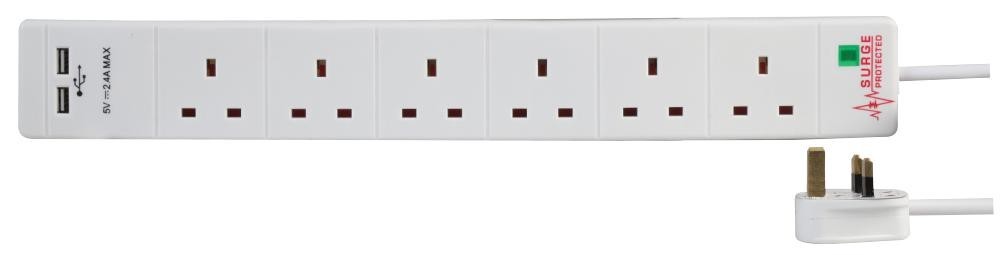 Pro Elec Pel00112 Extension 6 Gang 2 Usb Surge Wht 1M