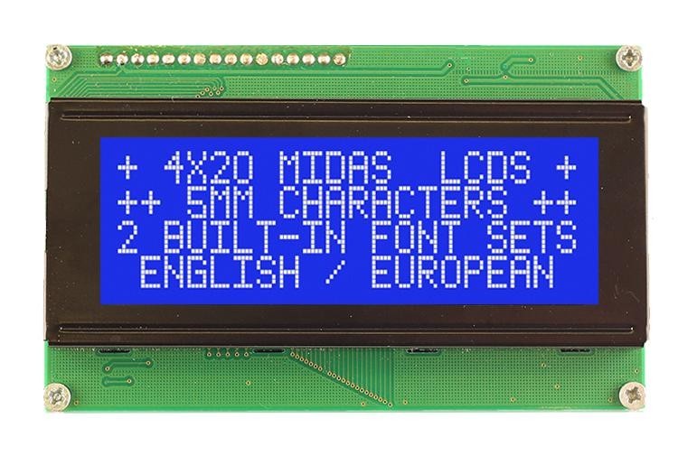 Midas Displays Mc42005A6Wk-Bnmlw-V2 Lcd Mod, Cob, Blue Stn, 20X4, Parallel