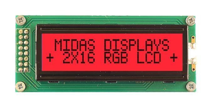 Midas Displays Md21605B6W-Fptlrgb Lcd Module, 16 X 2, Cob, 5.23mm, Fstn