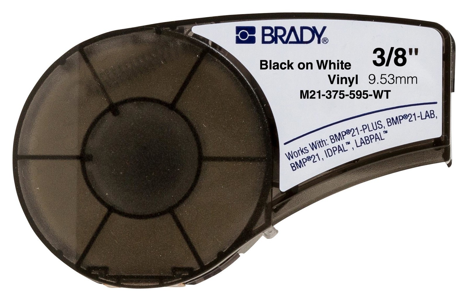 Brady M21-375-595-Wt Tape, 9.525mm x 6.4M, Vinyl Film, Blk/wht