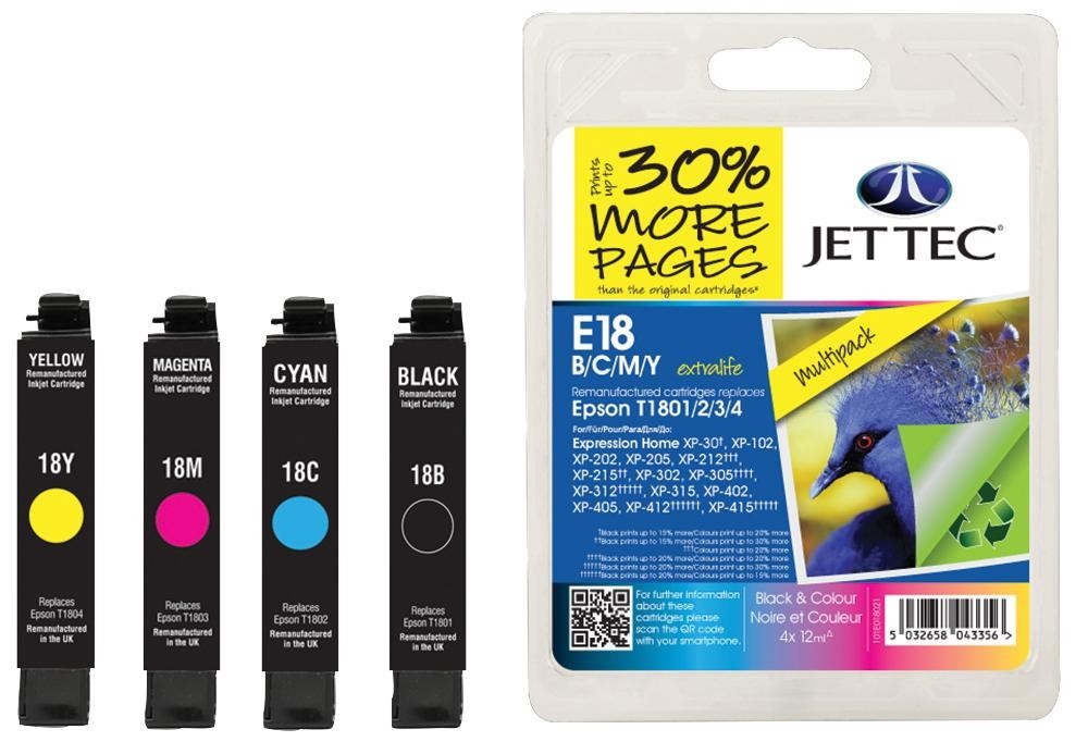 Jet Tec 101E018021 Ink Cart, Reman, T1806 Bcmy Multipack