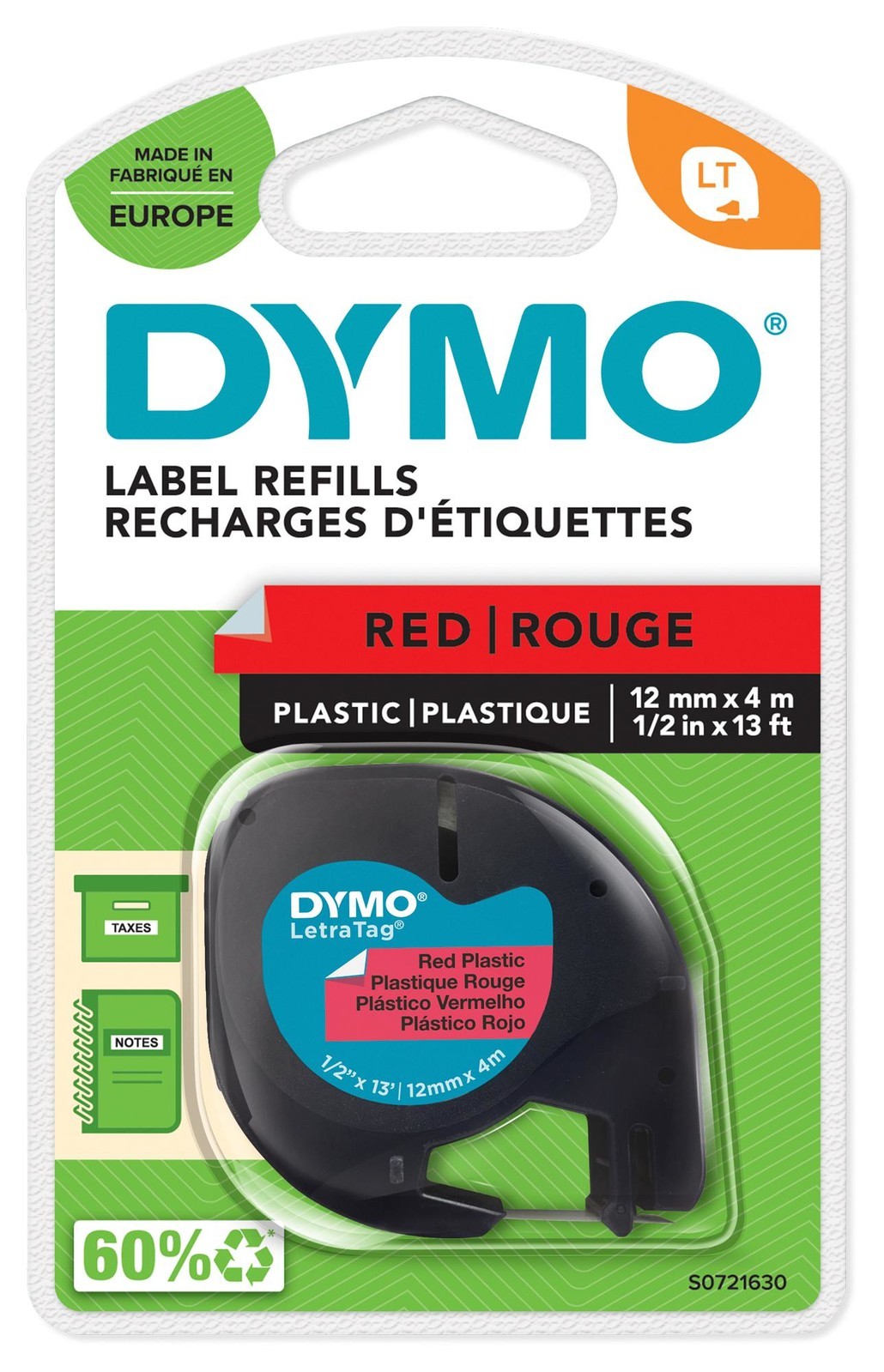Dymo S0721630 Label, Tape, Plastic, Red, 12mm x 4M