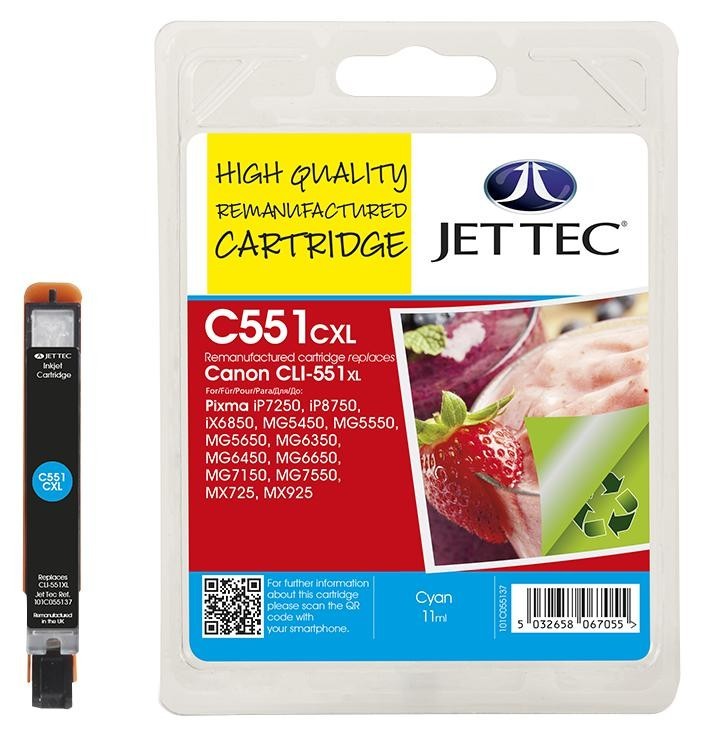 Jet Tec 101C055137 Ink Cart, Reman, Canon Cli-551Xl Cyan