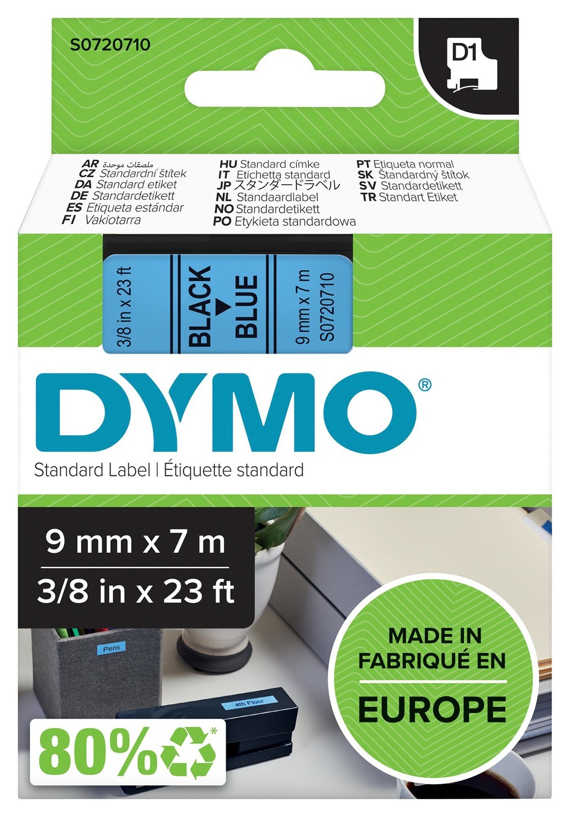 Dymo 40916 Tape, Black/blue, 9mm