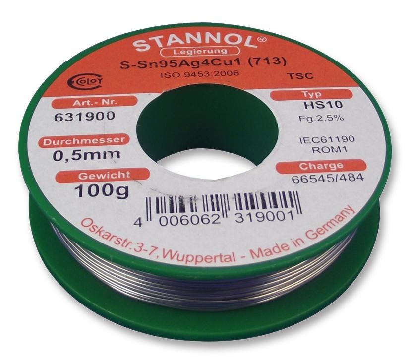 Stannol 631900 Solder Wire, 95.5/3.8/0.7, 0.5mm, 100G