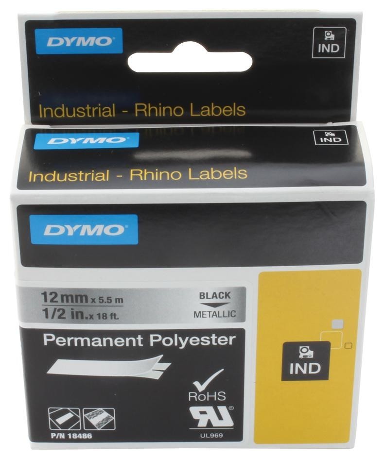 Dymo 18761 Tape, Perm, Poly, Metal, 12mm x 5.5M