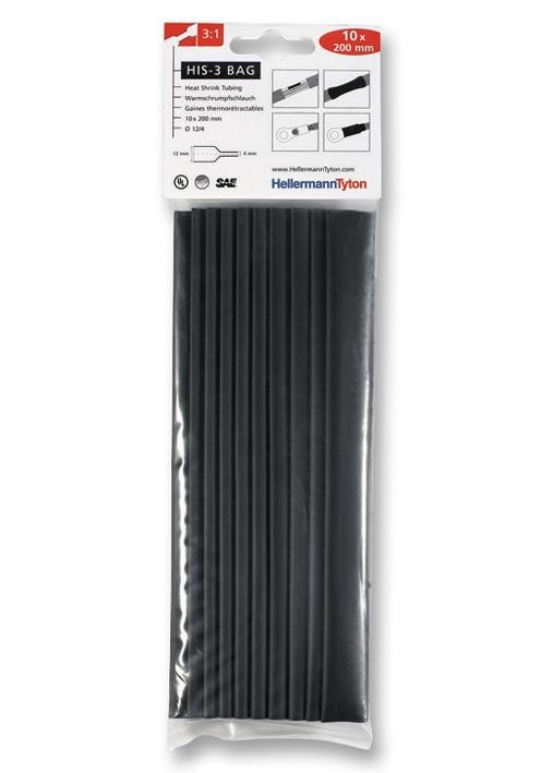 HellermannTyton 308-31210 Heatshrink, 3: 1, 12mm, Blk, Pk10